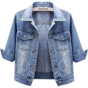 Women's 3/4 Sleeve Colored Cropped Denim Jacket Short Jean Jacket Trucker Blue